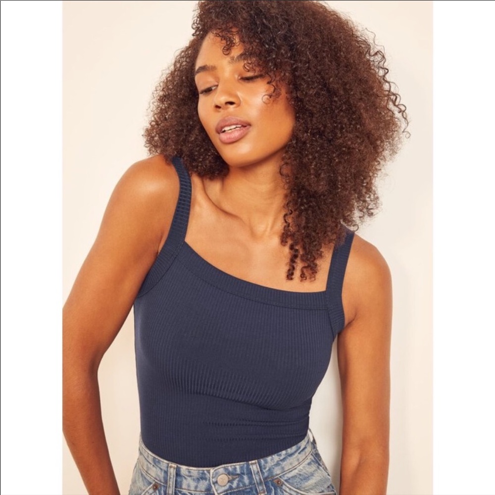 Reformation Rochelle Ribbed Navy Tank Top